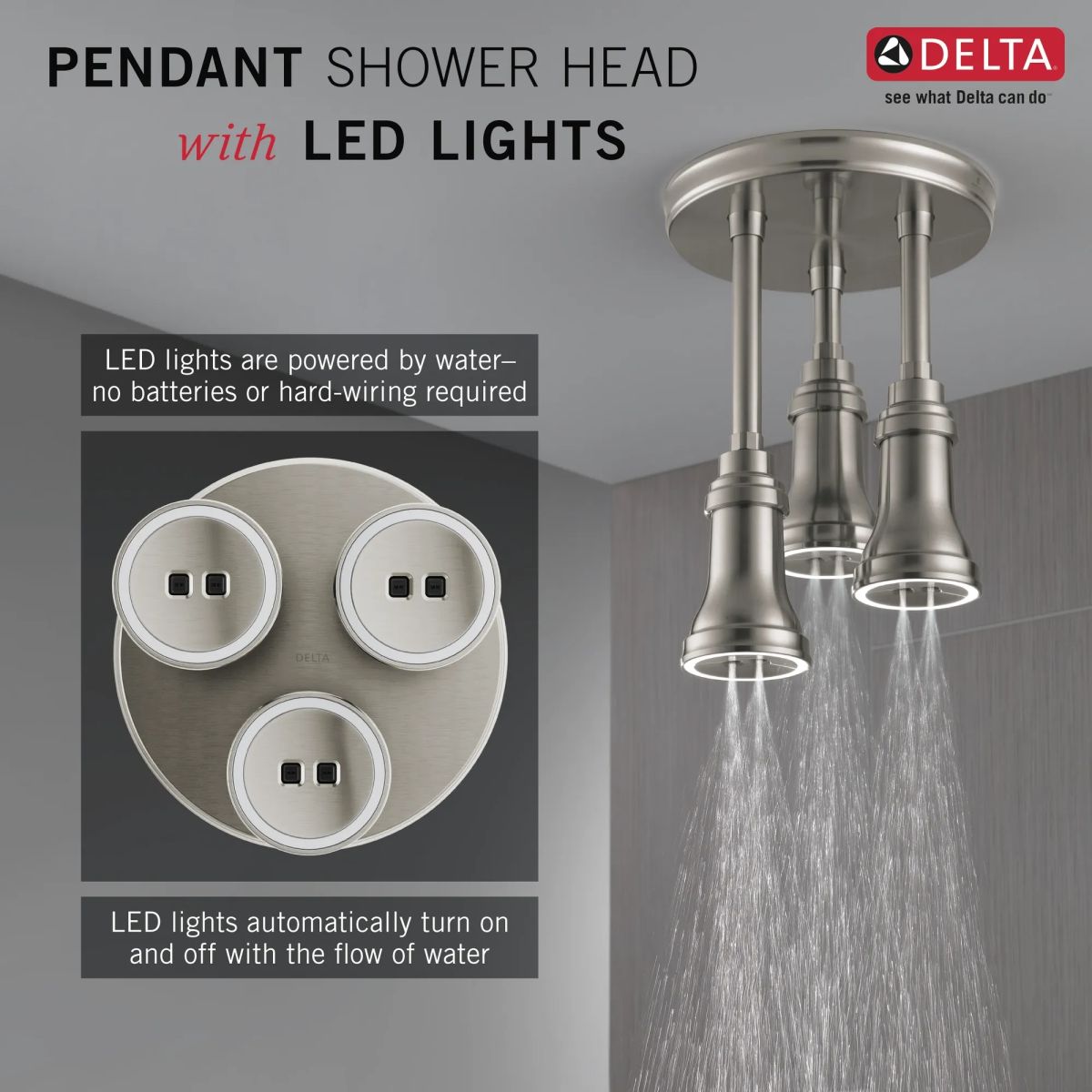 DELTA Universal Showering Components H2OKINETIC Pendant Raincan Shower Head with LED Light — Stainless