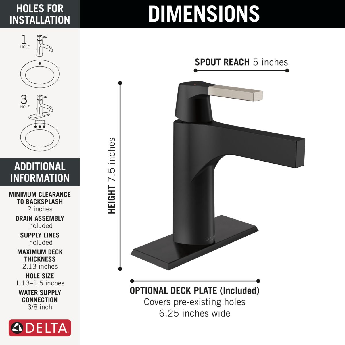 DELTA Zura Single Handle Bathroom Faucet — Matte Black / Stainless