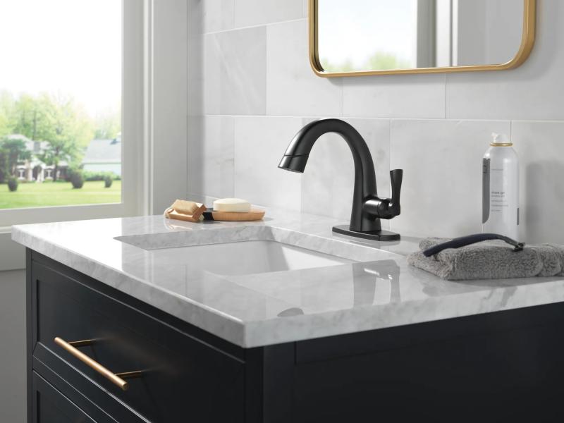 DELTA Stryke Single Handle Pull Down Bathroom Faucet — Matte Black