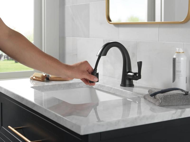 DELTA Stryke Single Handle Pull Down Bathroom Faucet — Matte Black