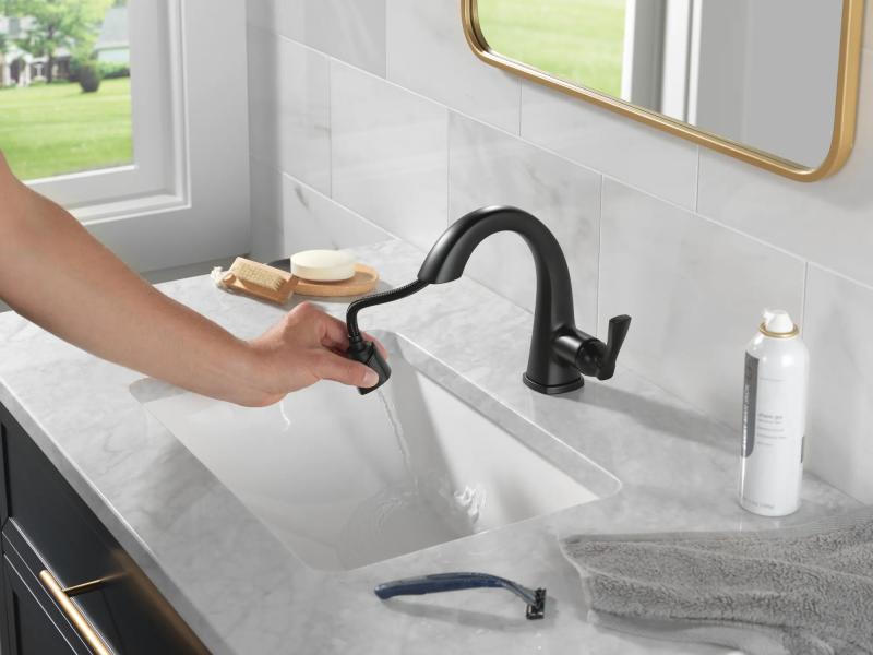 DELTA Stryke Single Handle Pull Down Bathroom Faucet — Matte Black