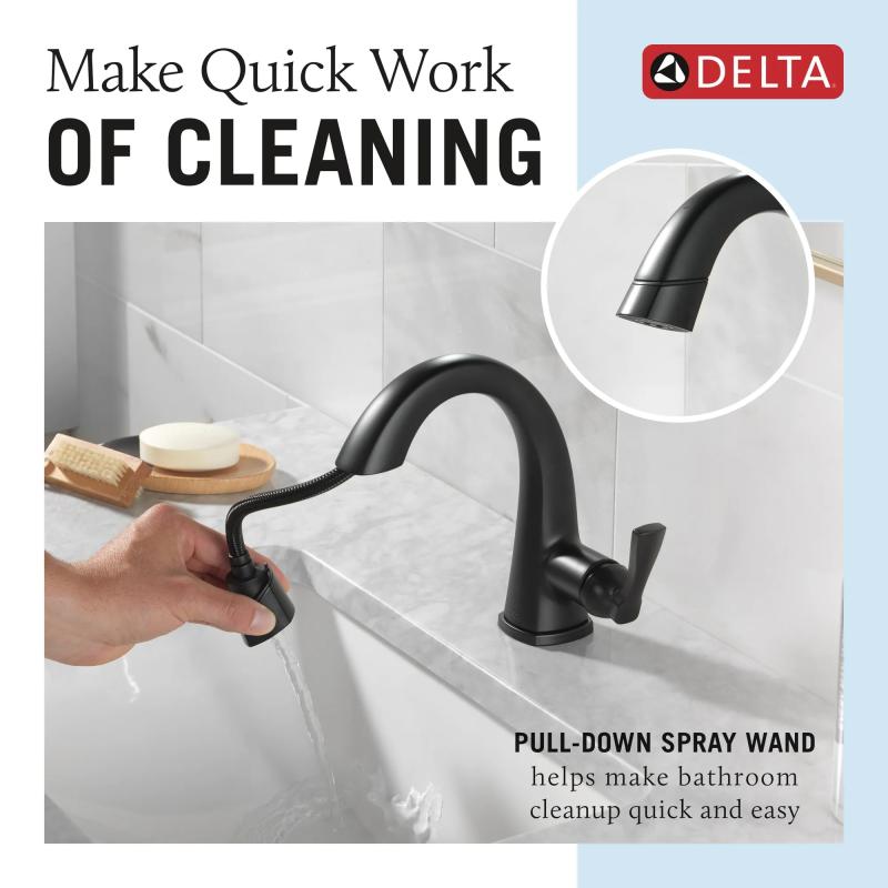 DELTA Stryke Single Handle Pull Down Bathroom Faucet — Matte Black