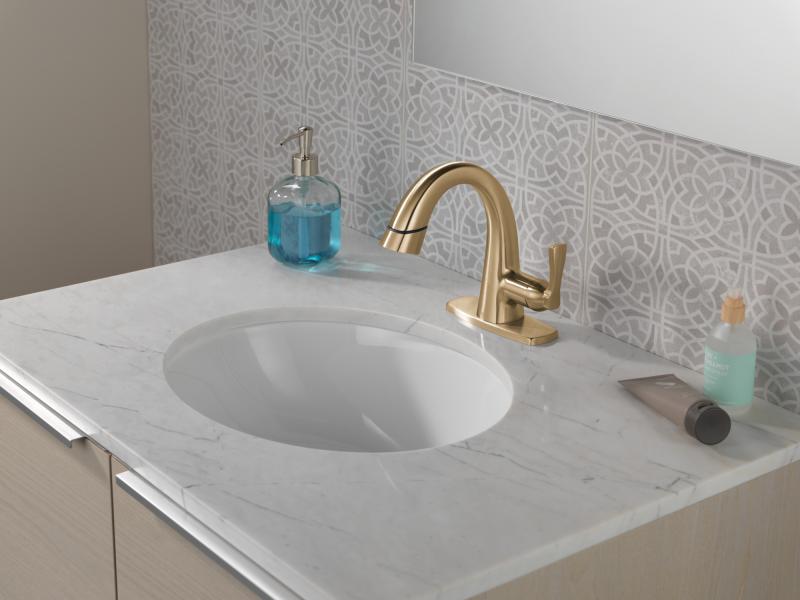 DELTA Stryke Single Handle Pull Down Bathroom Faucet — Lumicoat® Champagne Bronze