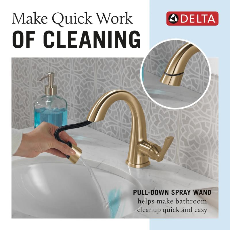 DELTA Stryke Single Handle Pull Down Bathroom Faucet — Lumicoat® Champagne Bronze