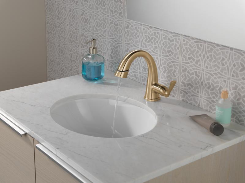 DELTA Stryke Single Handle Pull Down Bathroom Faucet — Lumicoat® Champagne Bronze