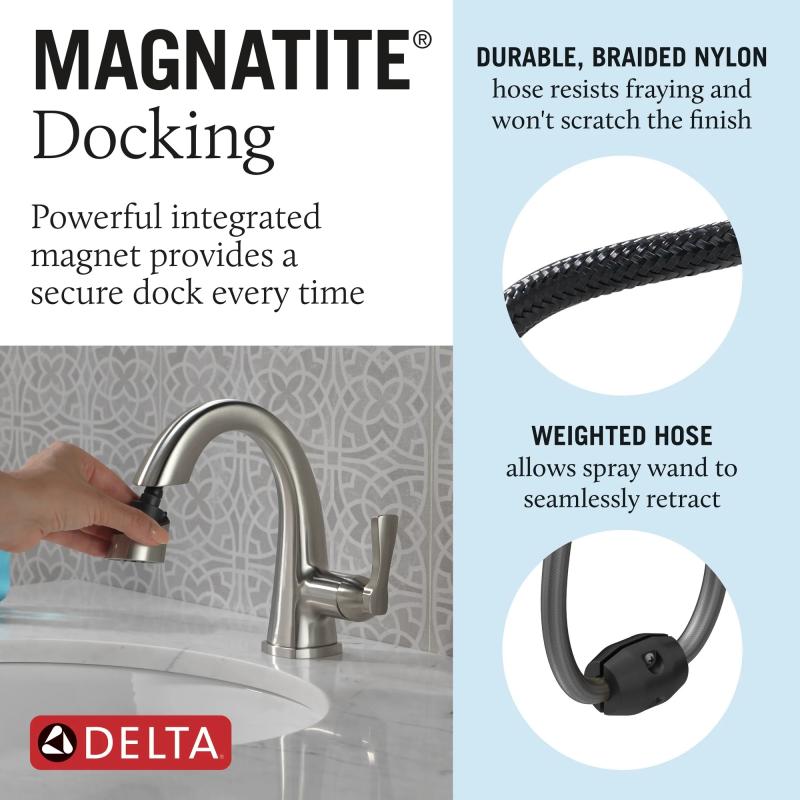 DELTA Stryke Single Handle Pull Down Bathroom Faucet — Lumicoat® Stainless