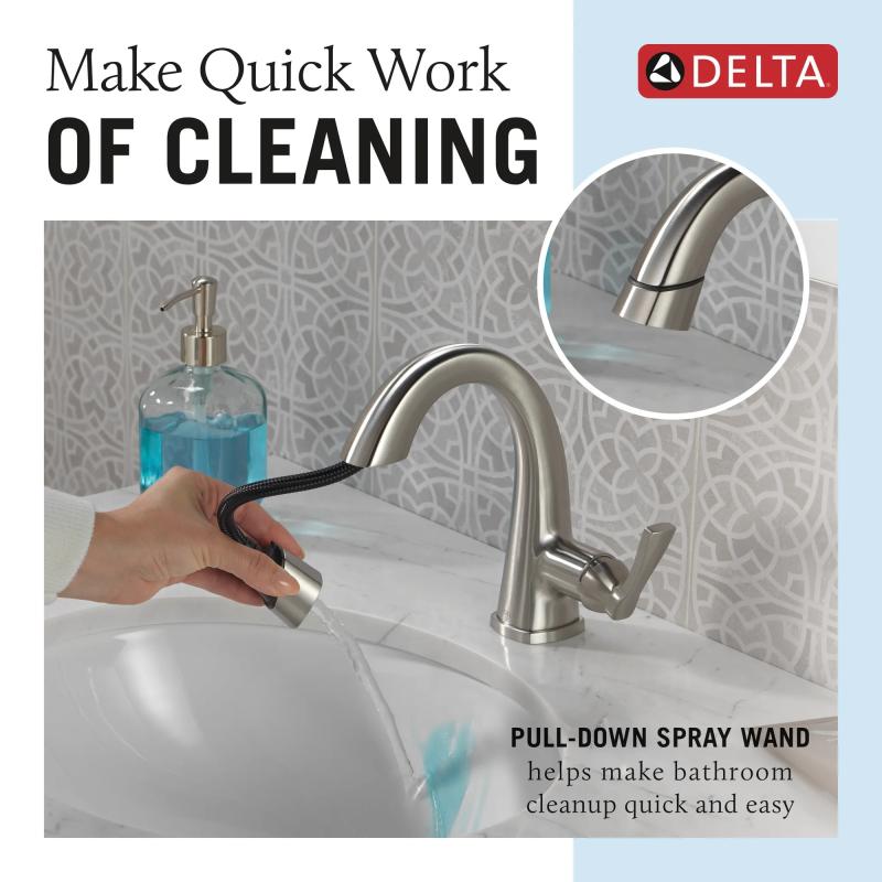 DELTA Stryke Single Handle Pull Down Bathroom Faucet — Lumicoat® Stainless