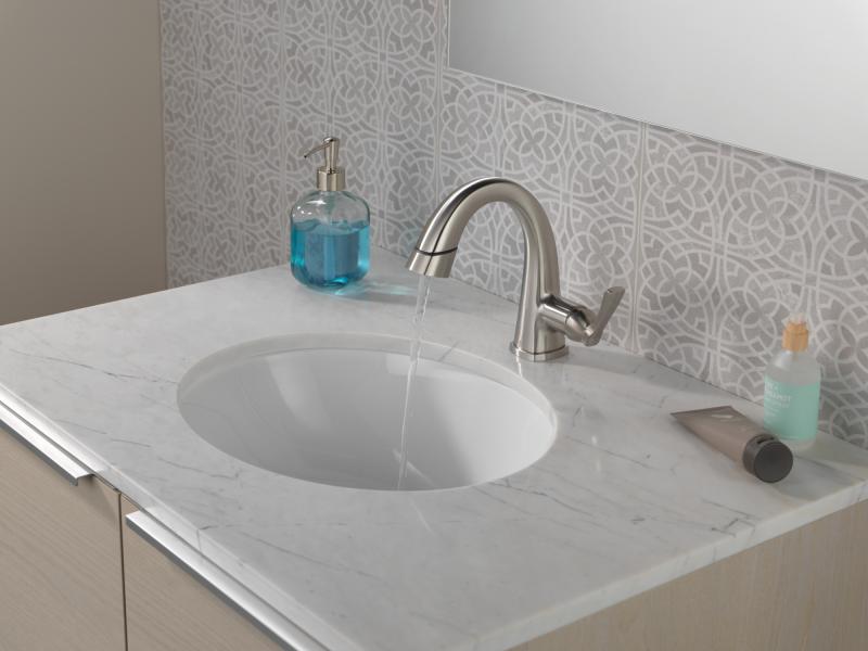 DELTA Stryke Single Handle Pull Down Bathroom Faucet — Lumicoat® Stainless