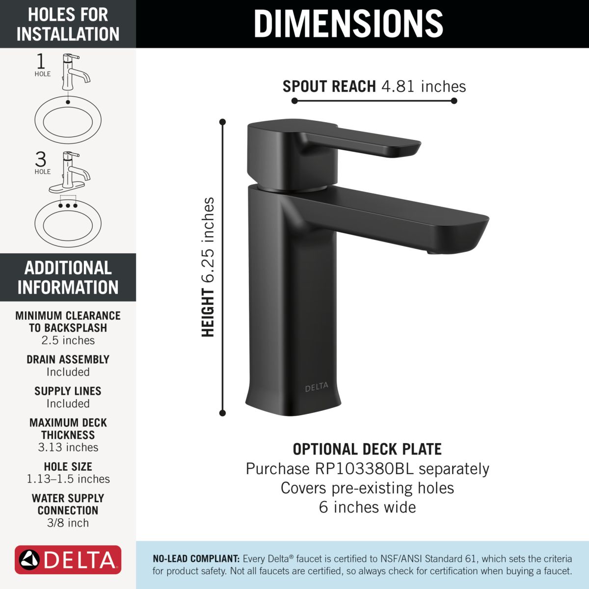 DELTA Modern Single Handle Project-Pack Bathroom Faucet — Matte Black