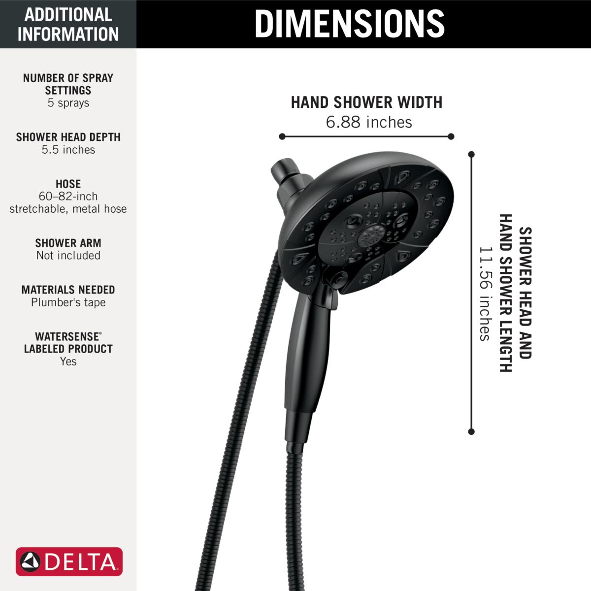 DELTA Universal Showering Components H2OKINETIC In2ition 5-Setting Two-in-One Shower — Matte Black