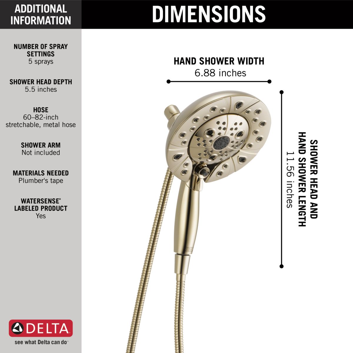 DELTA Universal Showering Components H2OKINETIC In2ition 5-Setting Two-in-One Shower — Polished Nickel