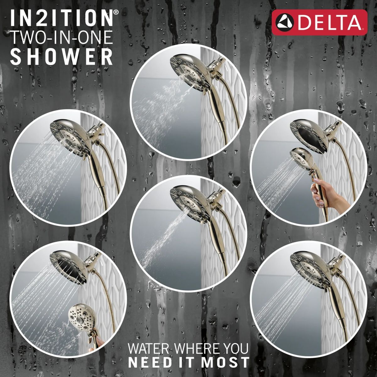 DELTA Universal Showering Components H2Okinetic In2ition 5-Setting Two-In-One Shower — Lumicoat® Polished Nickel