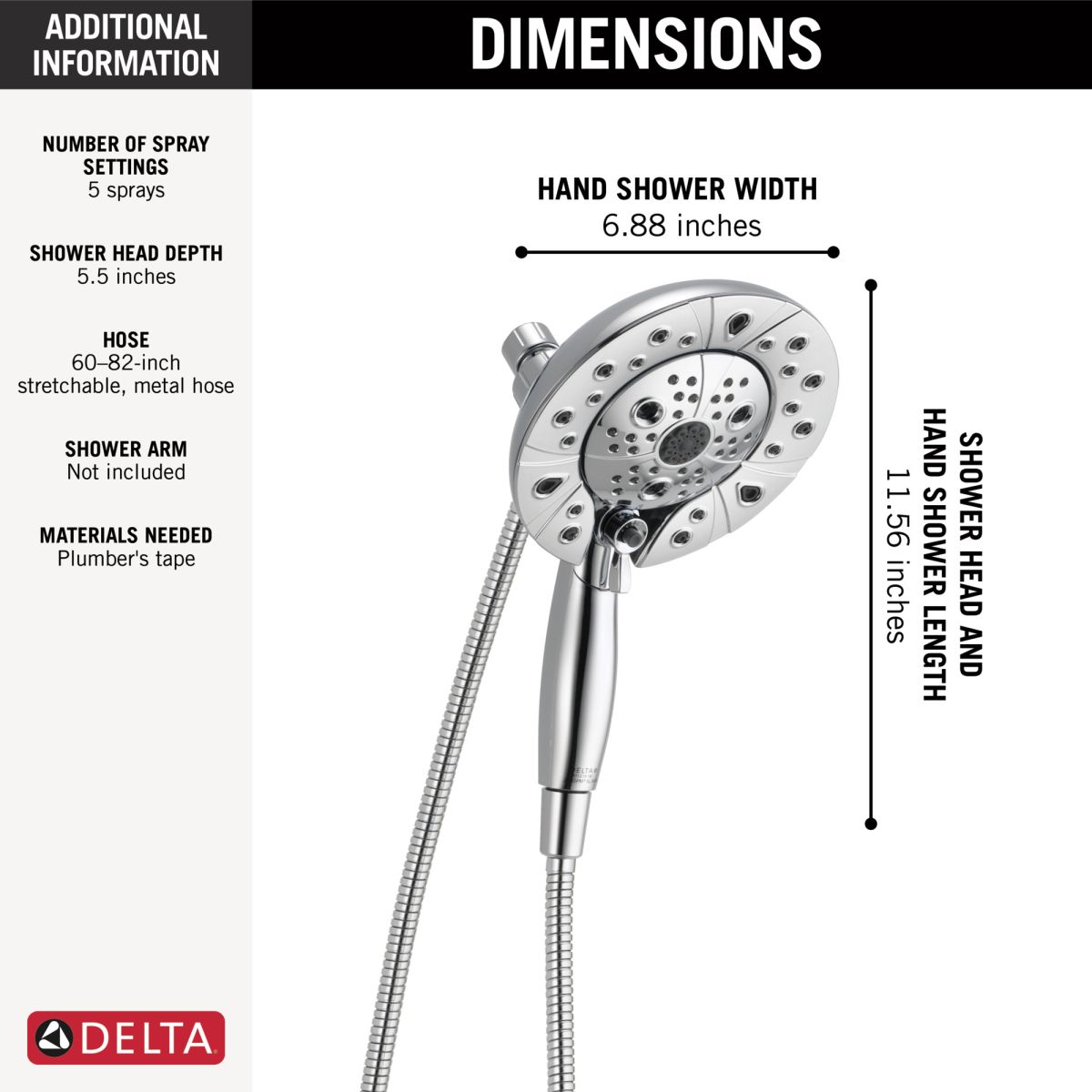 DELTA Universal Showering Components H2Okinetic In2ition 5-Setting Two-In-One Shower — Lumicoat® Chrome