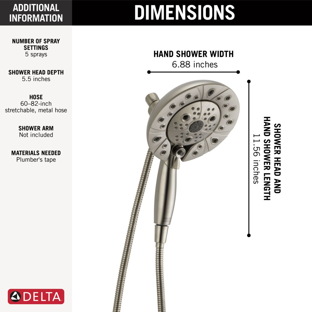 DELTA Universal Showering Components H2Okinetic In2ition 5-Setting Two-In-One Shower — Lumicoat® Stainless
