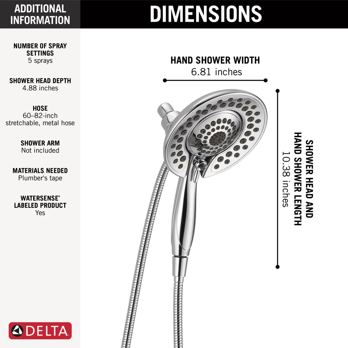 DELTA Universal Showering Components In2ition 5-Setting Two-In-One Shower — Lumicoat® Chrome