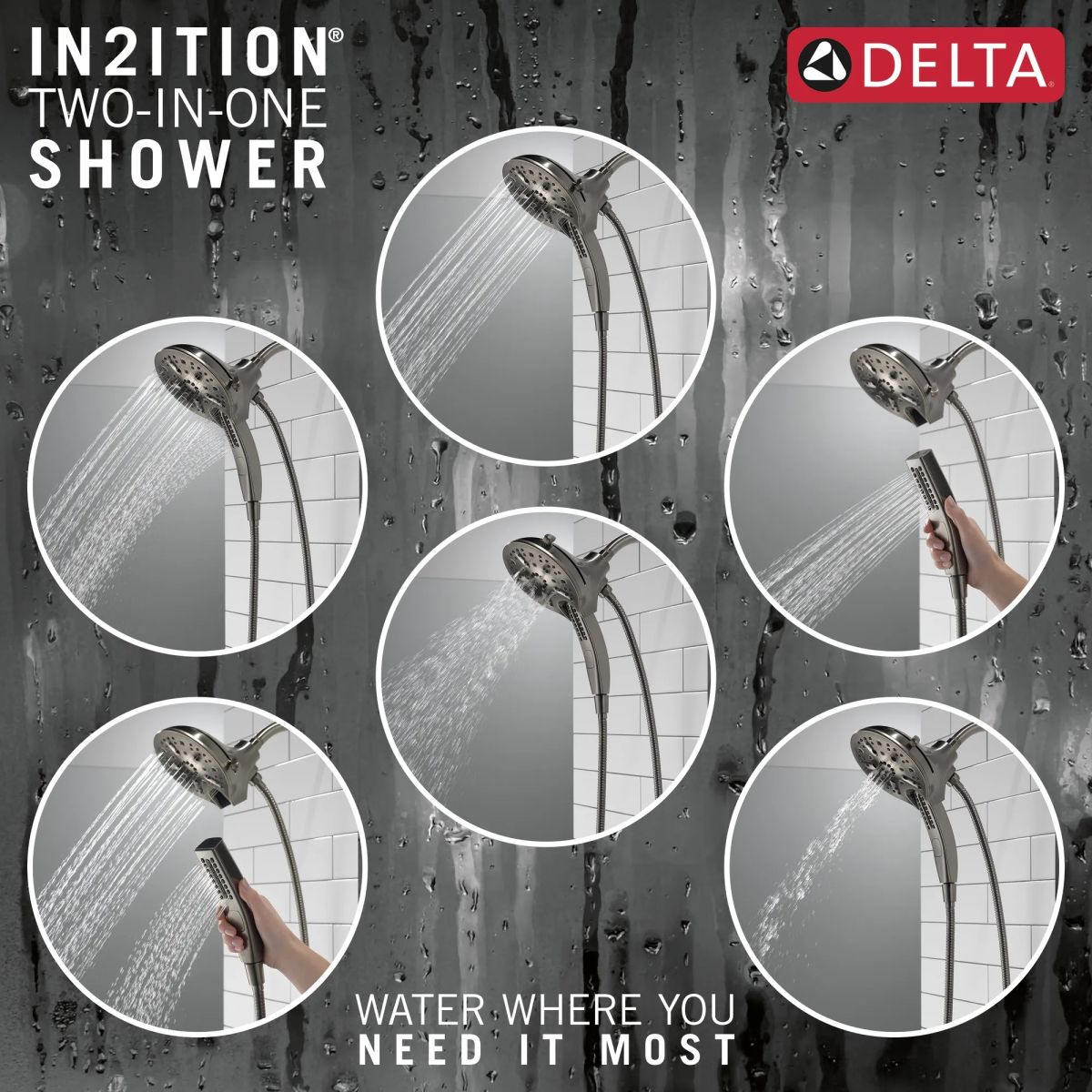 DELTA Universal Showering Components In2ition H2OKINETIC 5-Setting Two-in-One Shower — Lumicoat® Black Stainless