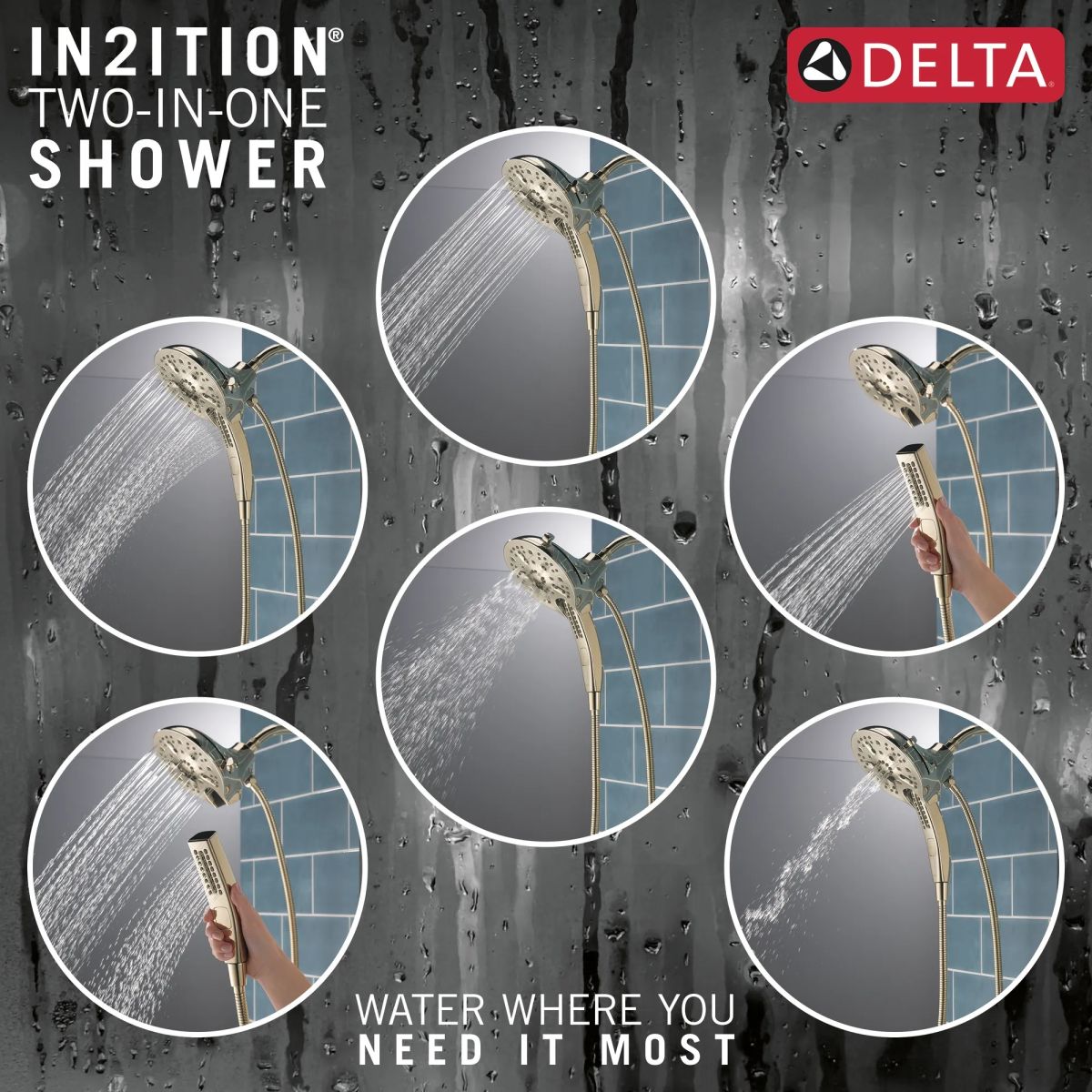 DELTA Universal Showering Components In2ition H2OKINETIC 5-Setting Two-in-One Shower — Lumicoat® Polished Nickel
