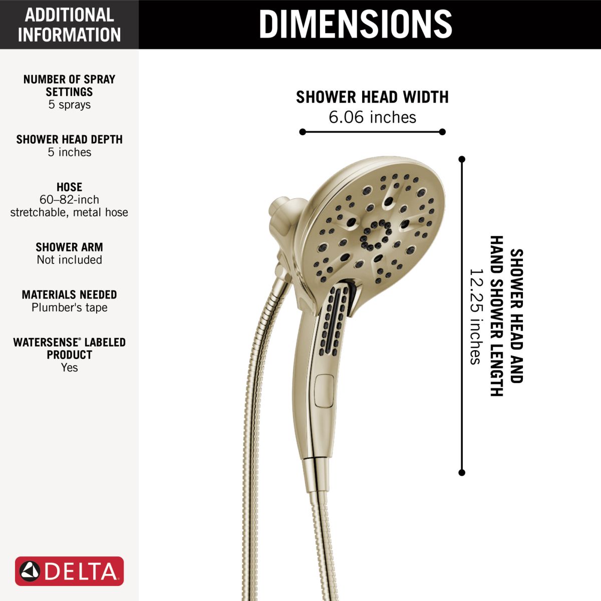 DELTA Universal Showering Components In2ition H2OKINETIC 5-Setting Two-in-One Shower — Lumicoat® Polished Nickel