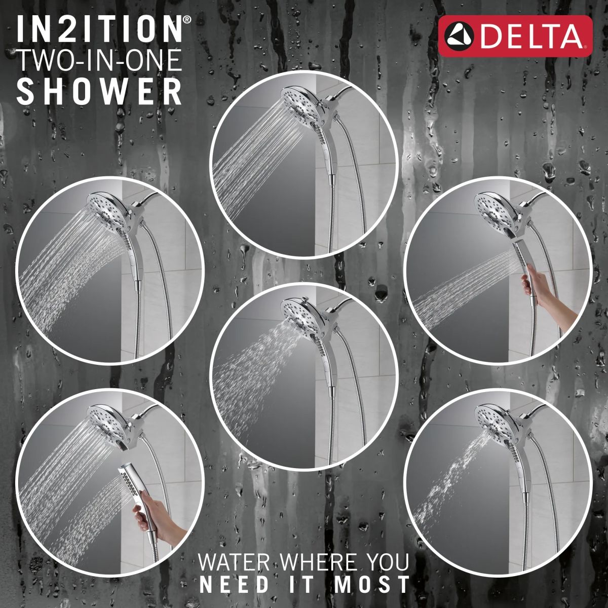 DELTA Universal Showering Components In2ition H2OKINETIC 5-Setting Two-in-One Shower — Lumicoat® Chrome