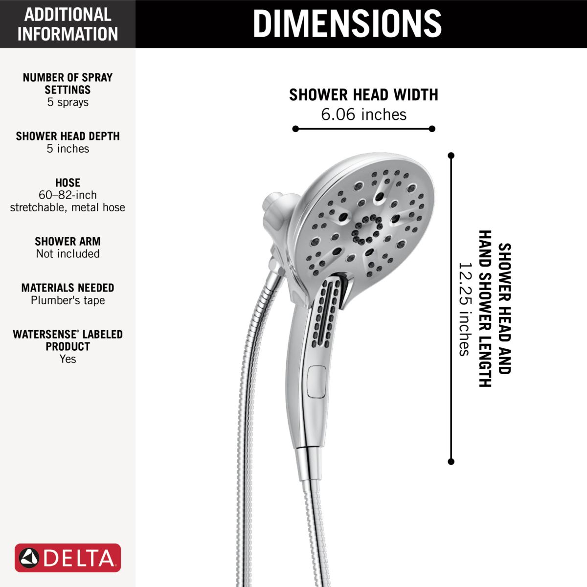 DELTA Universal Showering Components In2ition H2OKINETIC 5-Setting Two-in-One Shower — Lumicoat® Chrome
