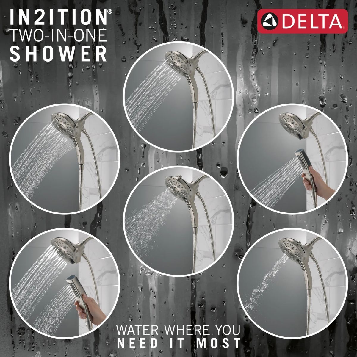 DELTA Universal Showering Components In2ition H2OKINETIC 5-Setting Two-in-One Shower — Lumicoat® Stainless