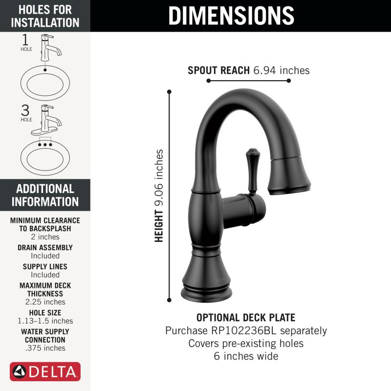 DELTA Cassidy Single Handle Pull Down Bathroom Faucet — Matte Black