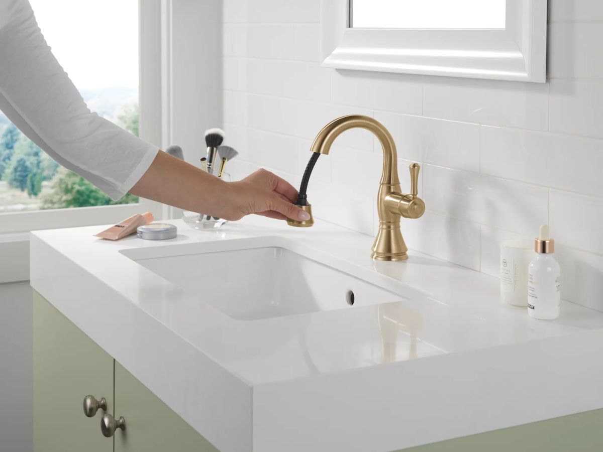 DELTA Cassidy Single Handle Pull Down Bathroom Faucet — Champagne Bronze