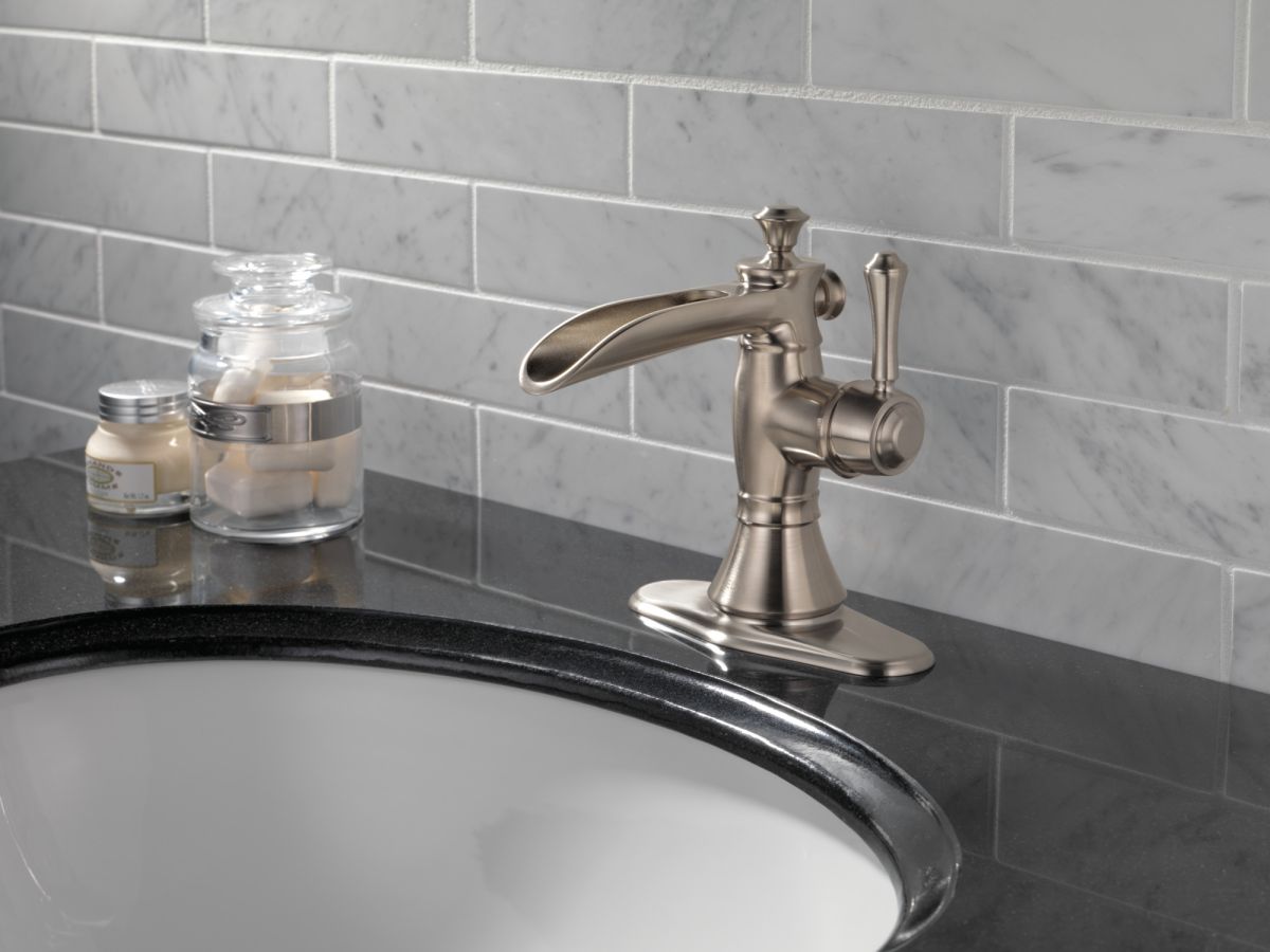 DELTA Cassidy Single Handle Channel Bathroom Faucet — Stainless