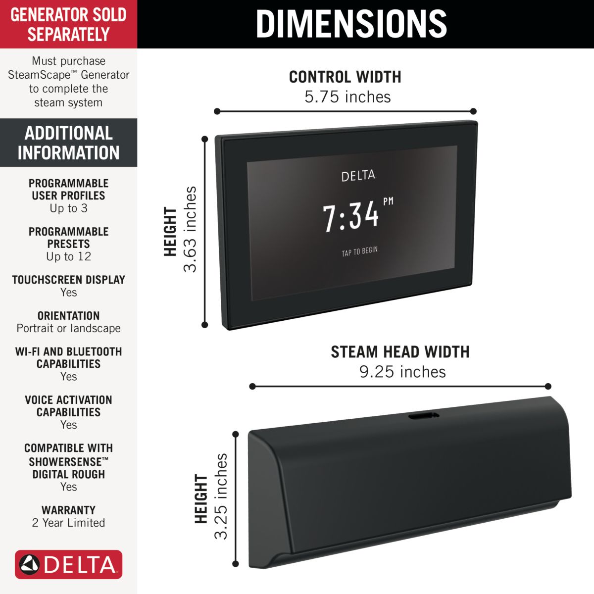 DELTA Universal Showering Components Unilateral Digital Steam Package — Matte Black