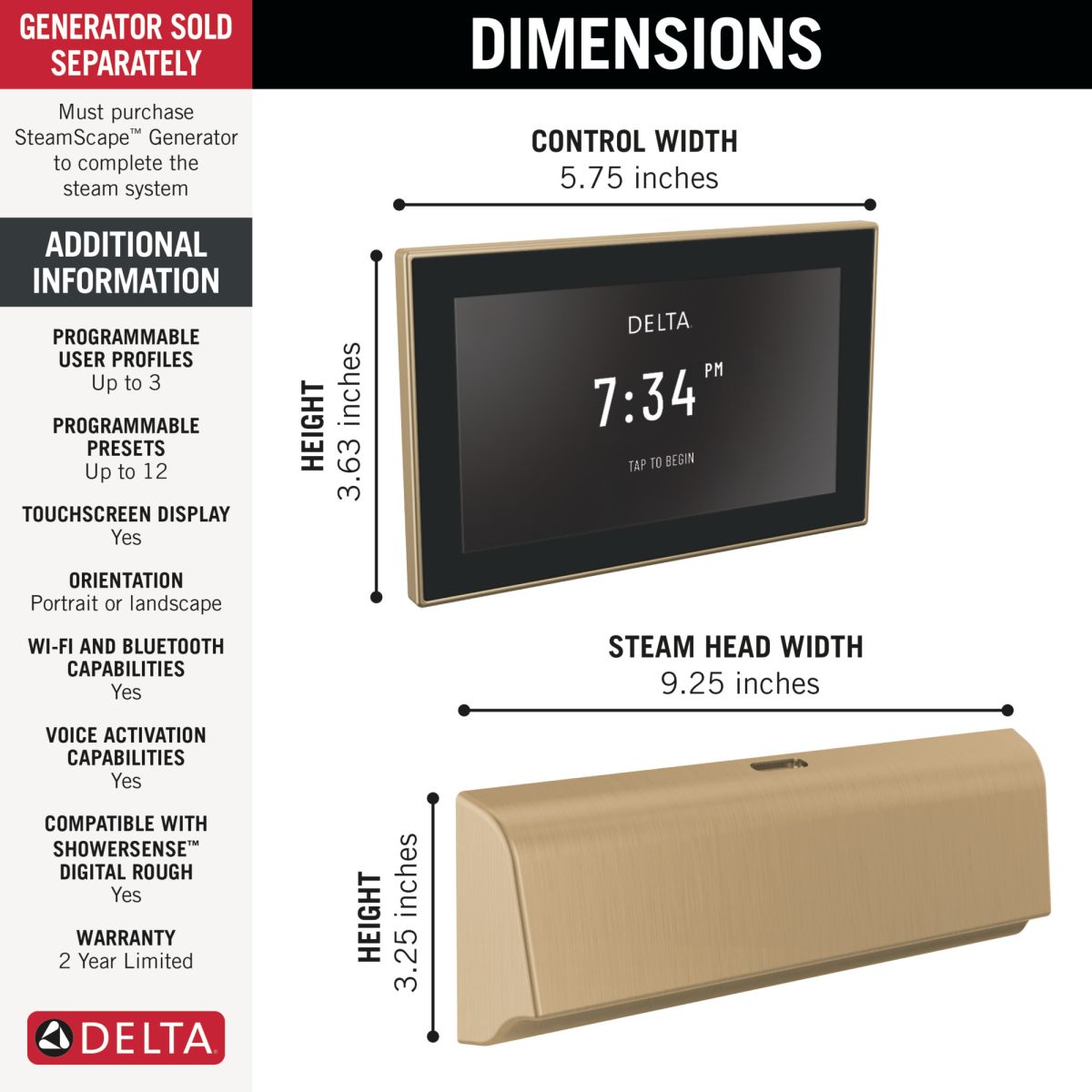 DELTA Universal Showering Components Unilateral Digital Steam Package — Lumicoat® Champagne Bronze