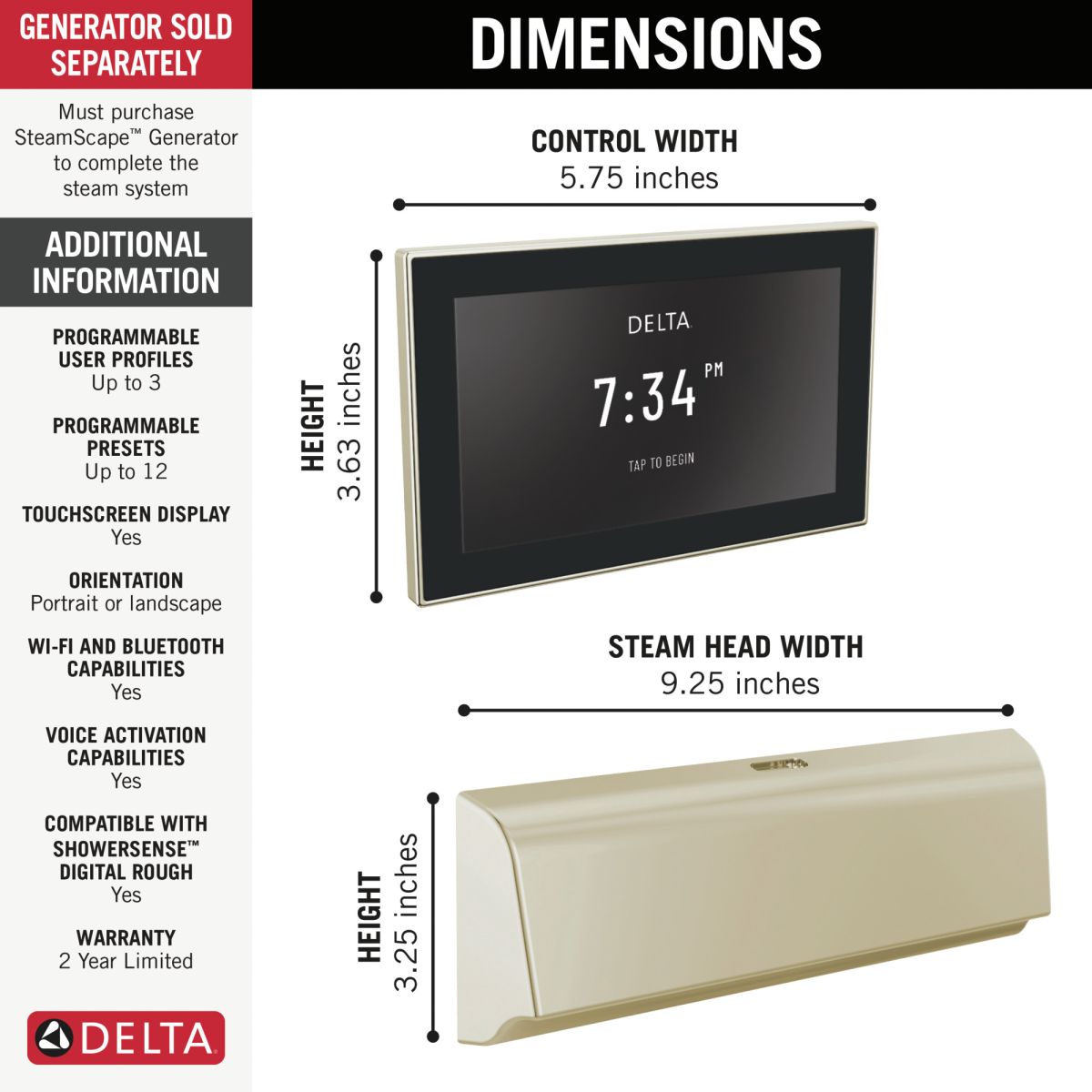DELTA Universal Showering Components Unilateral Digital Steam Package — Lumicoat® Polished Nickel