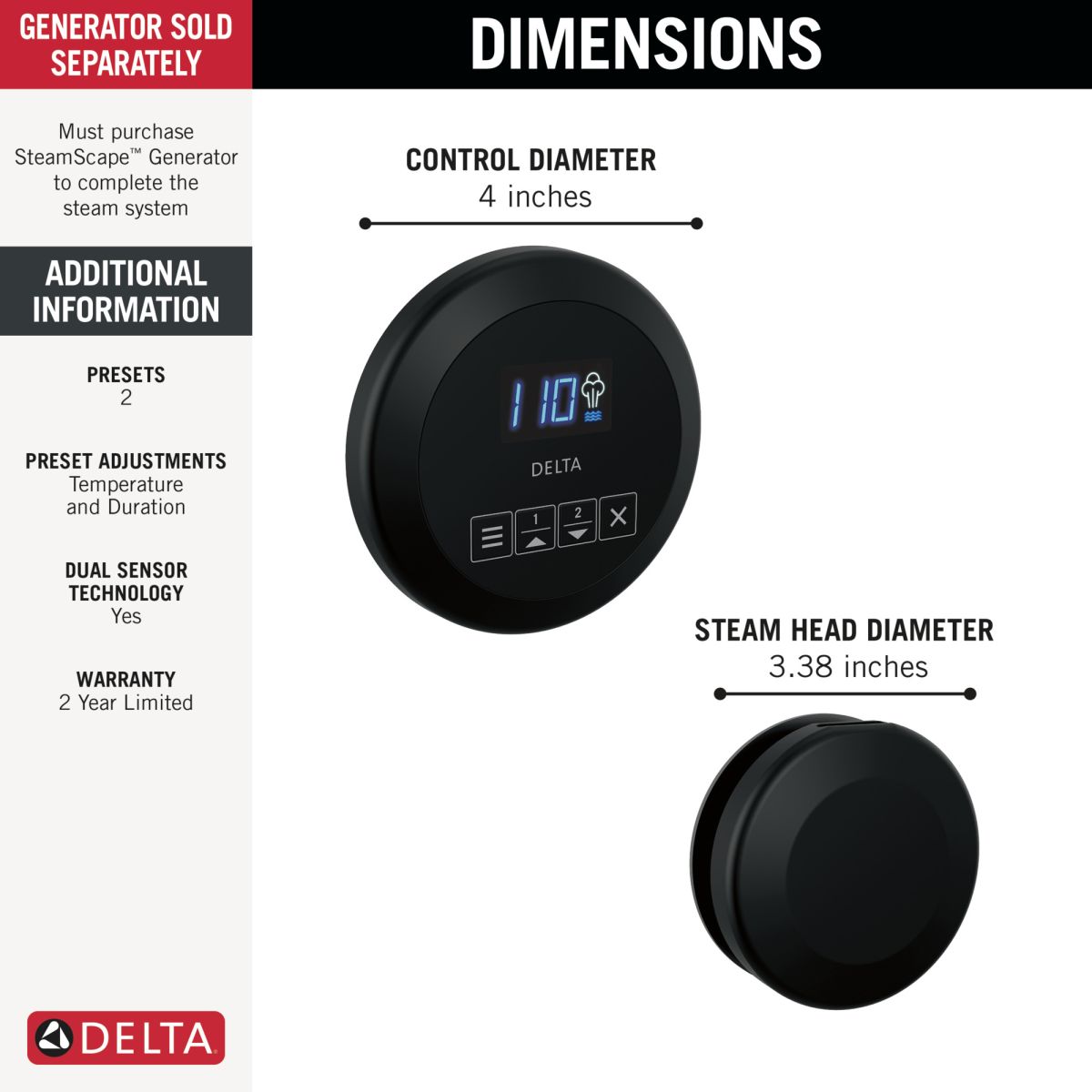 DELTA Universal Showering Components Round Steam Package — Matte Black