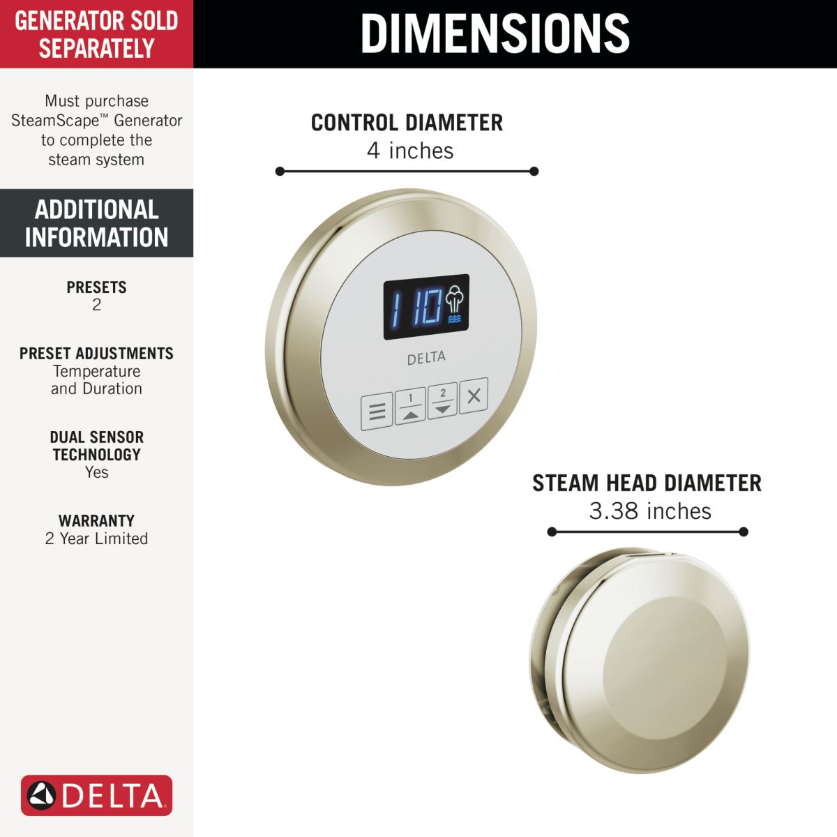 DELTA Universal Showering Components Round Steam Package — Lumicoat® Polished Nickel