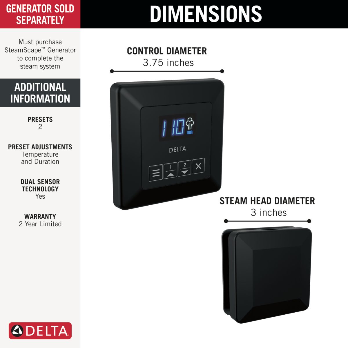 DELTA Universal Showering Components Square Steam Package — Matte Black