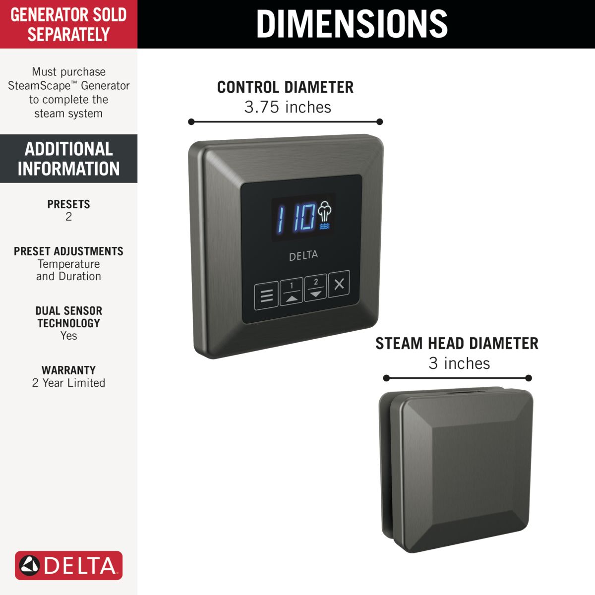 DELTA Universal Showering Components Square Steam Package — Lumicoat® Black Stainless
