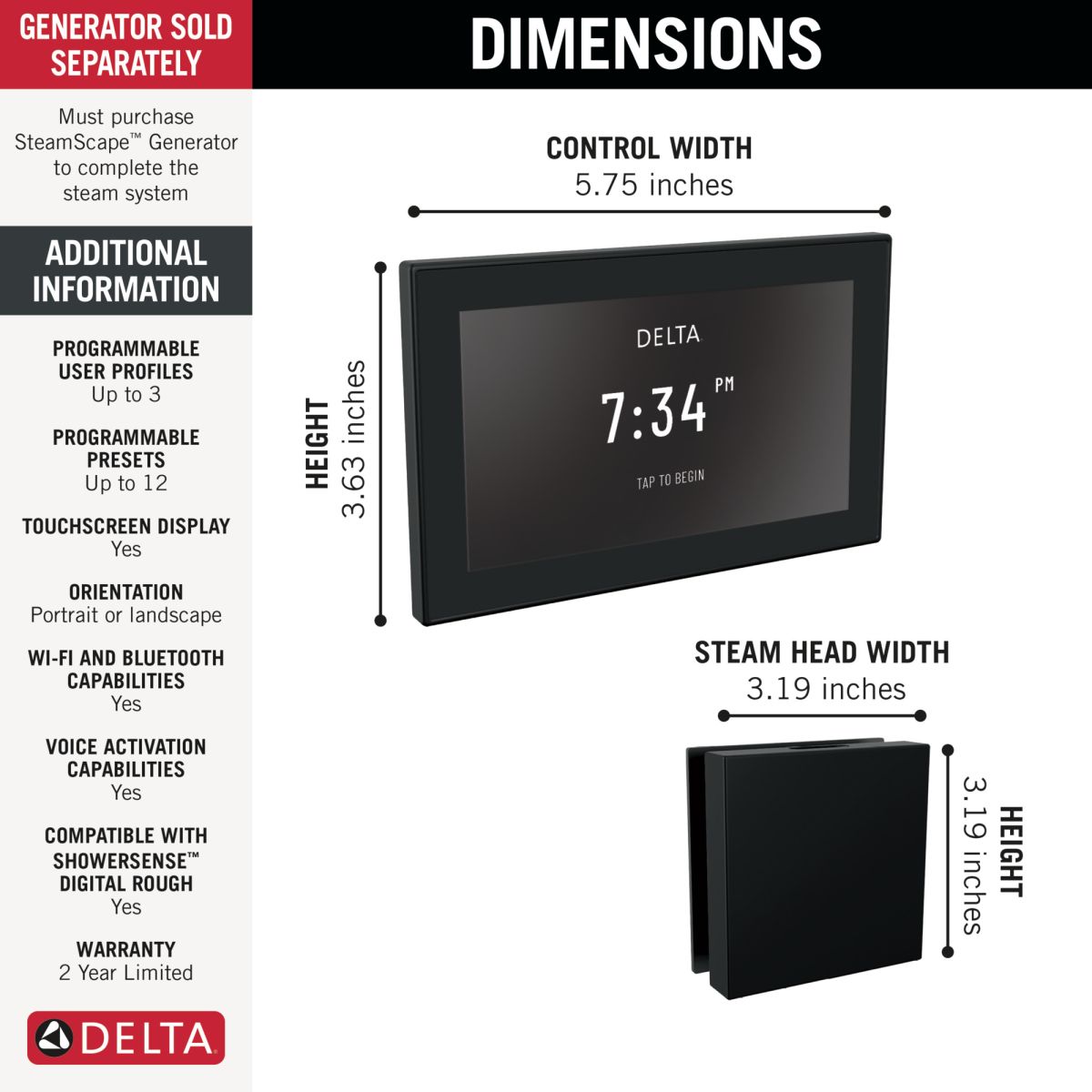 DELTA Universal Showering Components Square Digital Steam Package — Matte Black