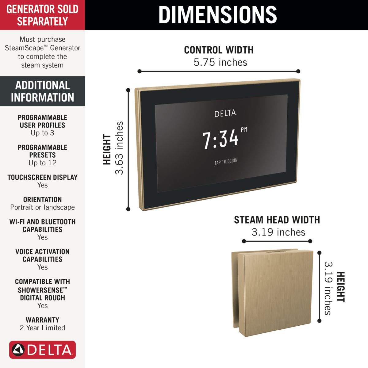 DELTA Universal Showering Components Square Digital Steam Package — Lumicoat® Champagne Bronze