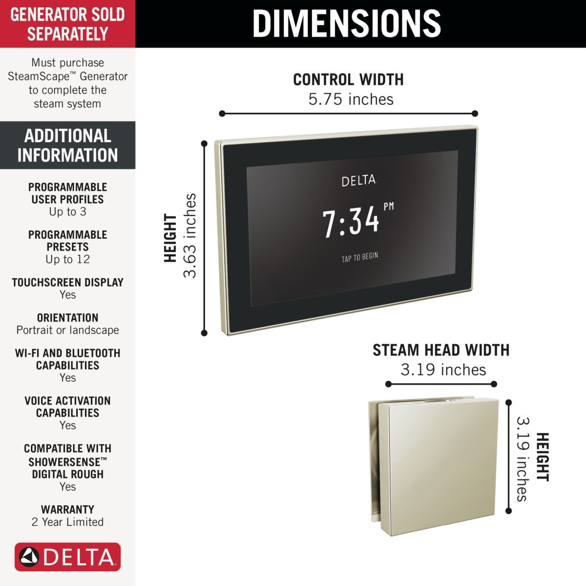 DELTA Universal Showering Components Square Digital Steam Package — Lumicoat® Polished Nickel
