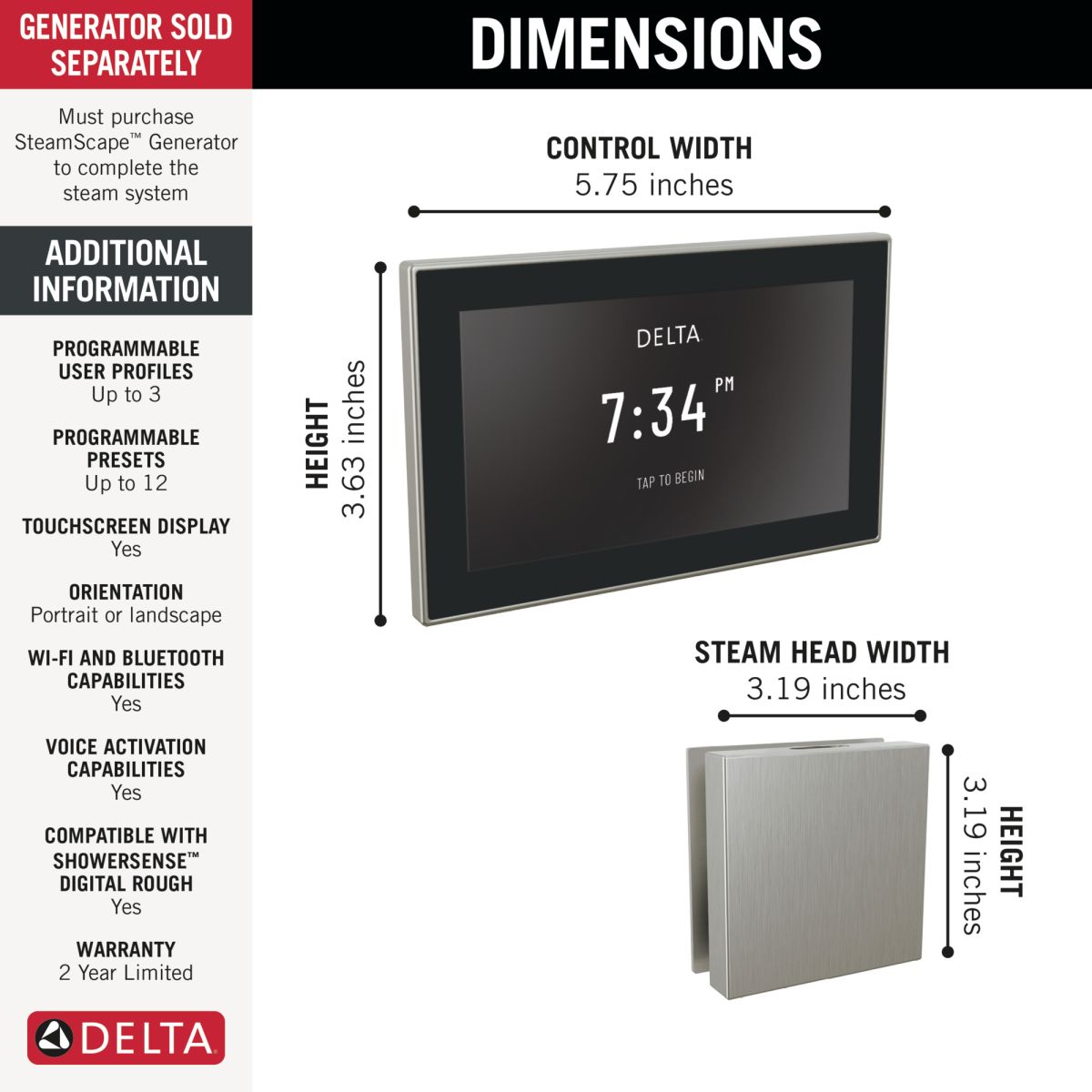 DELTA Universal Showering Components Square Digital Steam Package — Lumicoat® Stainless