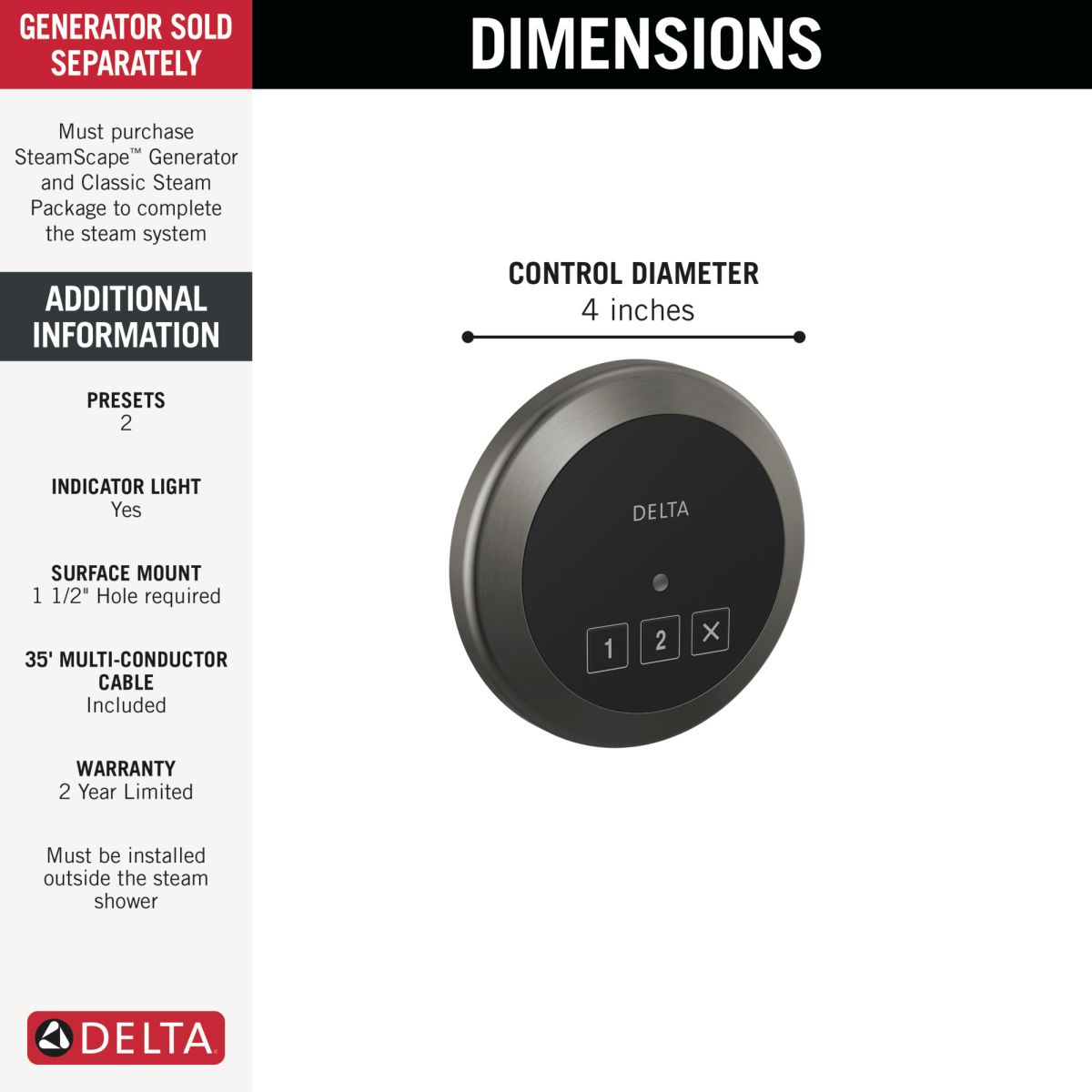 DELTA Universal Showering Components Round Exterior Steam Control — Lumicoat® Black Stainless