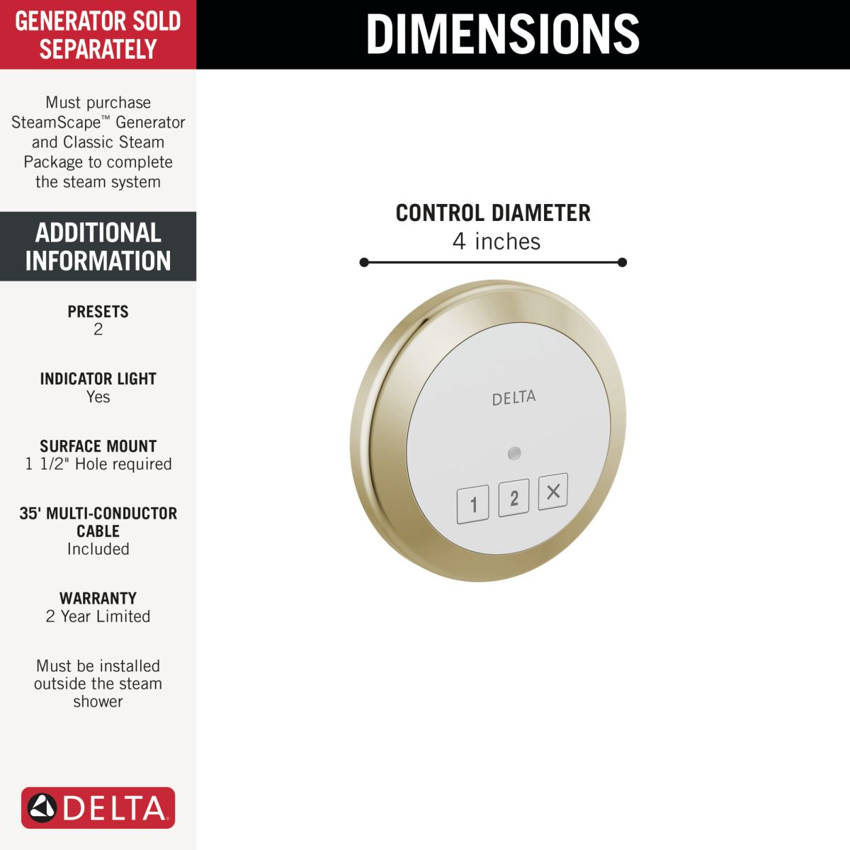 DELTA Universal Showering Components Round Exterior Steam Control — Lumicoat® Polished Nickel
