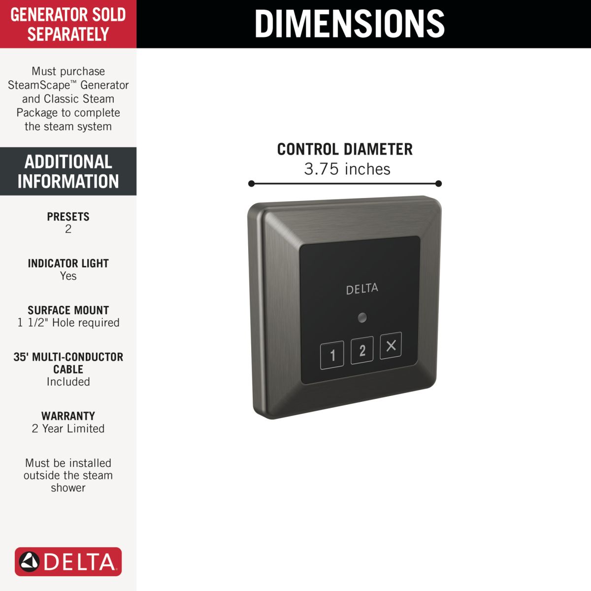 DELTA Universal Showering Components Square Exterior Steam Control — Lumicoat® Black Stainless