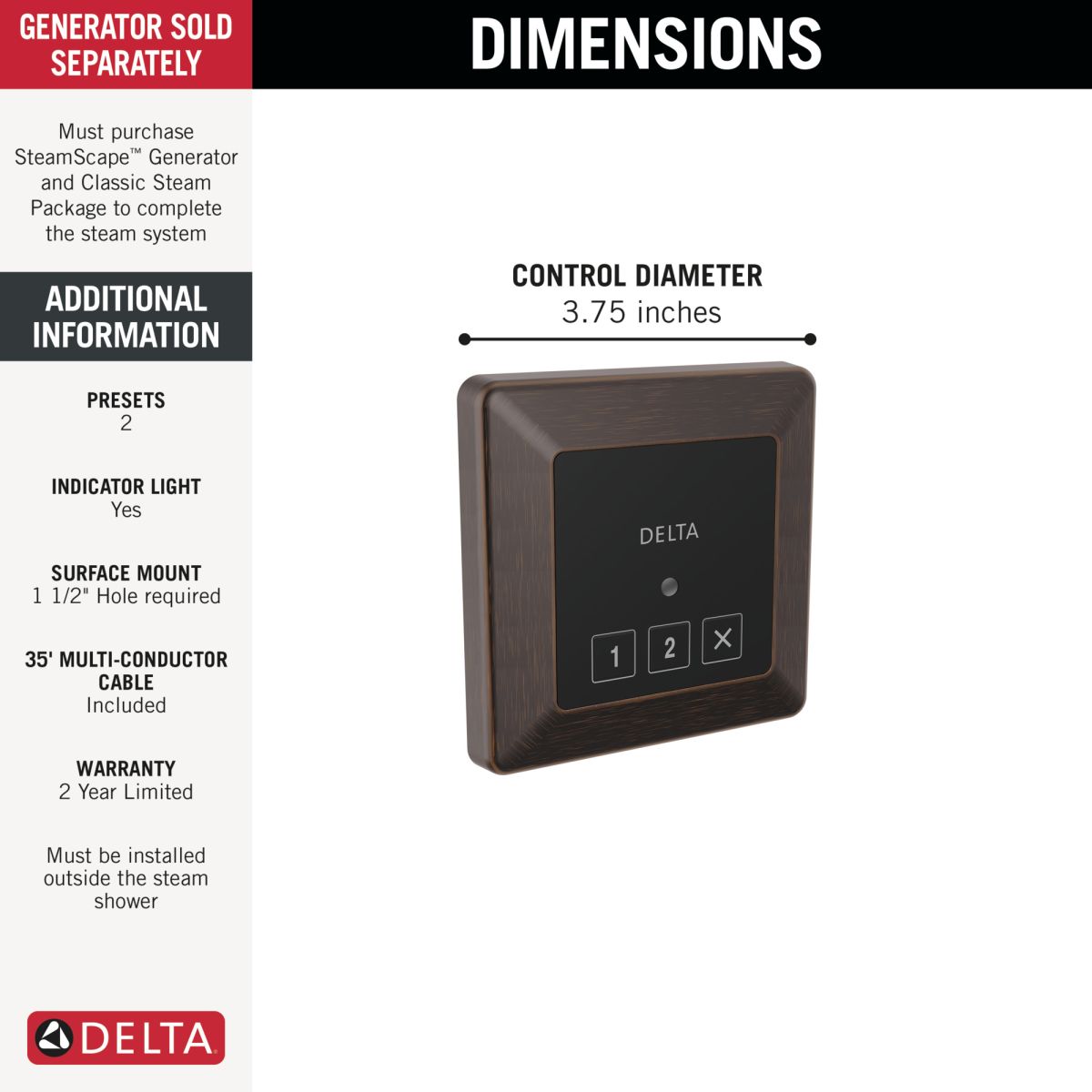 DELTA Universal Showering Components Square Exterior Steam Control — Venetian Bronze
