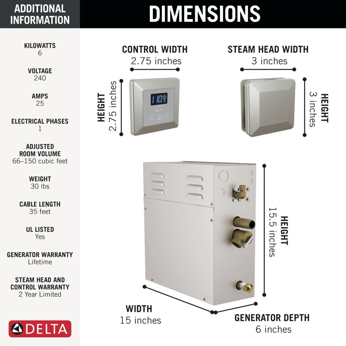 DELTA Universal Showering Components SimpleSteam Kit - 6kW — Lumicoat® Stainless