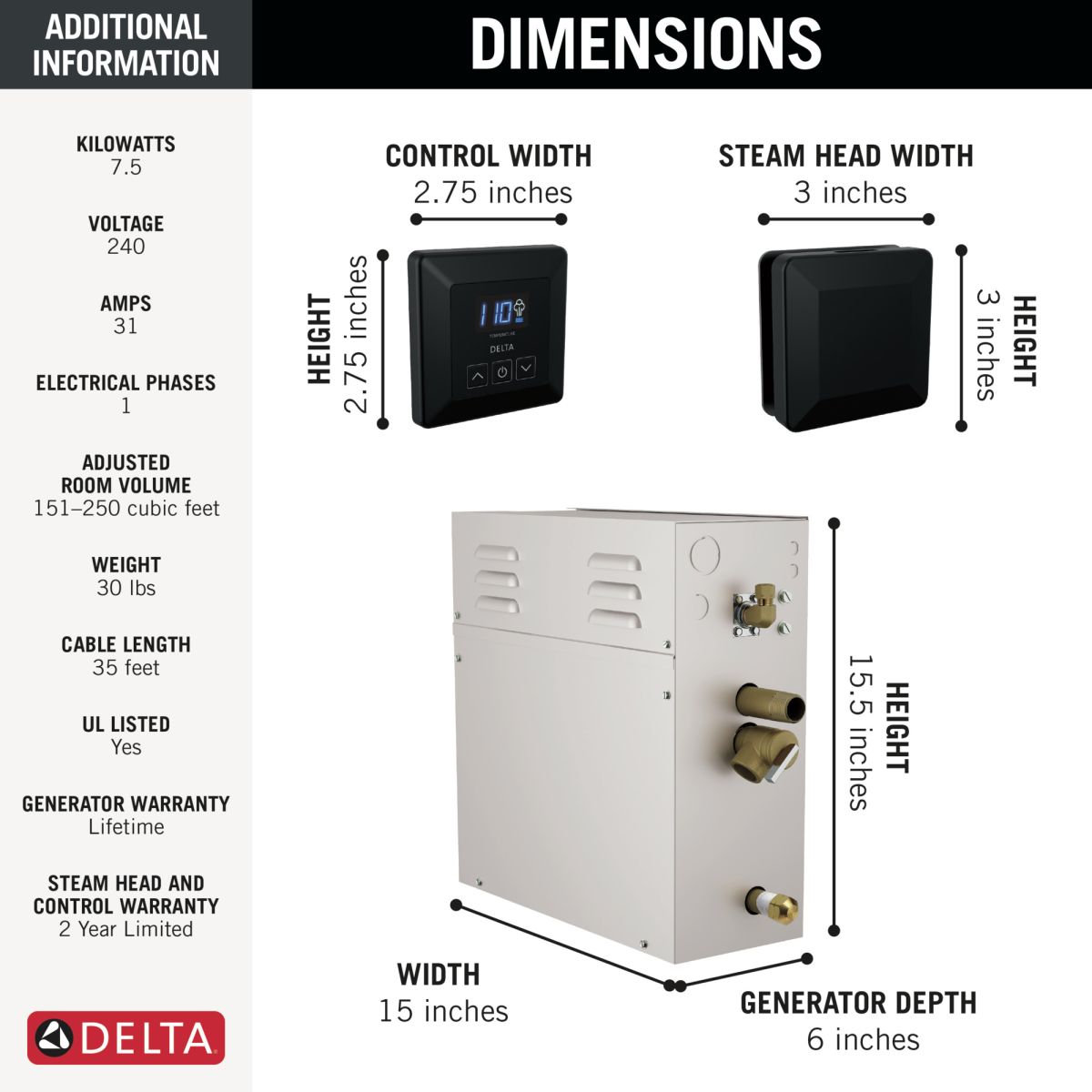 DELTA Universal Showering Components SimpleSteam Kit - 7.5kW — Matte Black