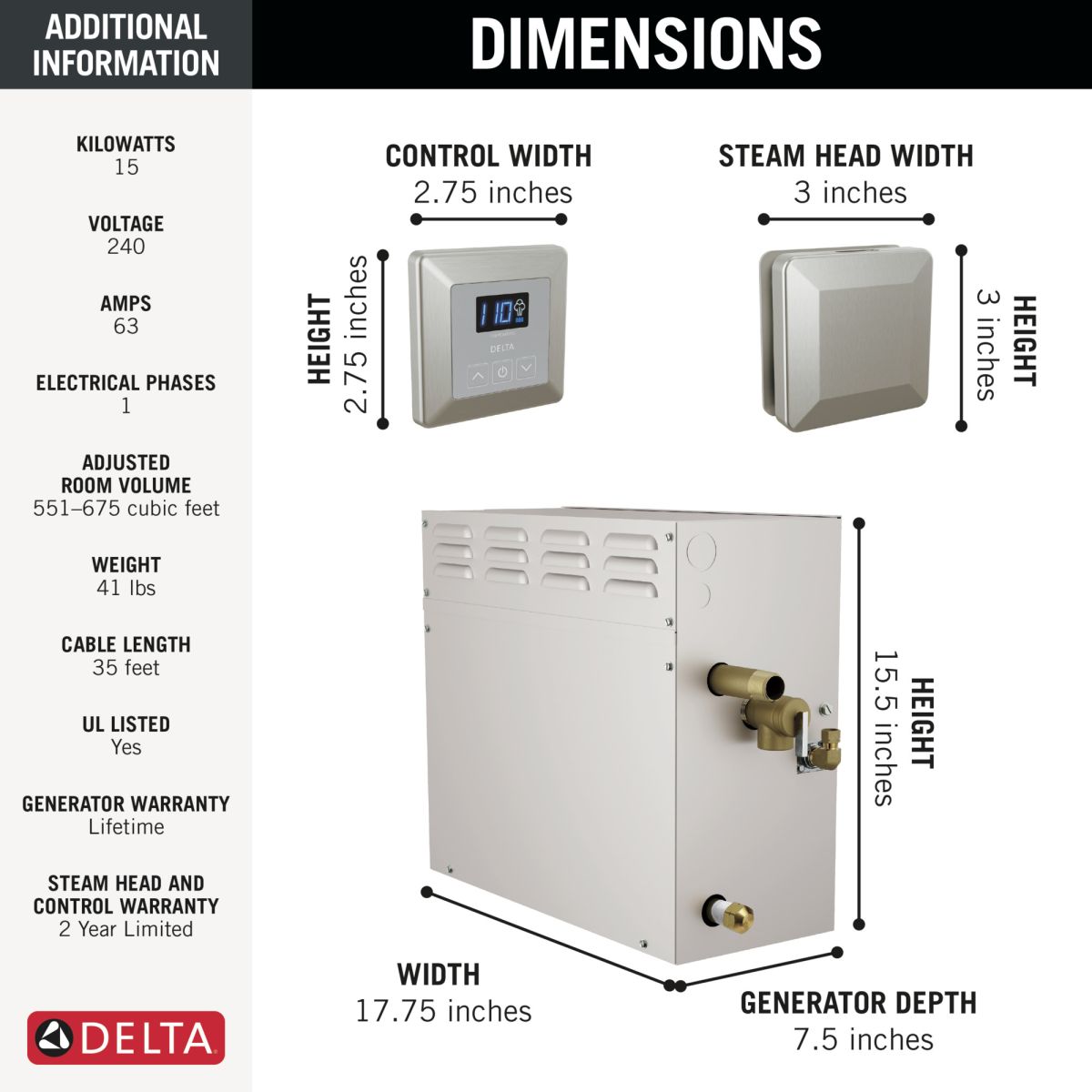 DELTA Universal Showering Components SimpleSteam Kit - 15kW — Lumicoat® Stainless