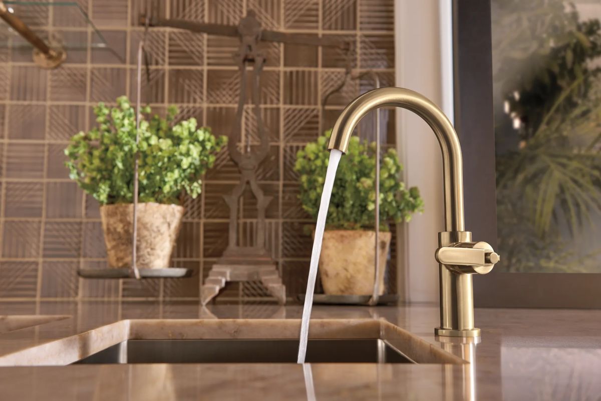 BRIZO Litze Bar Faucet with Arc Spout and Industrial Handle Kit — Luxe Gold