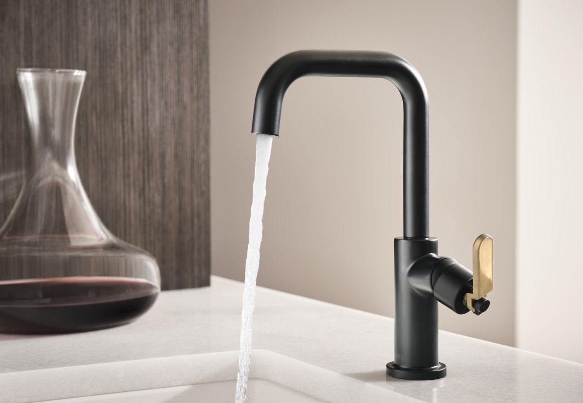 BRIZO Litze Bar Faucet with Square Spout and Industrial Handle Kit — Matte Black/Luxe Gold