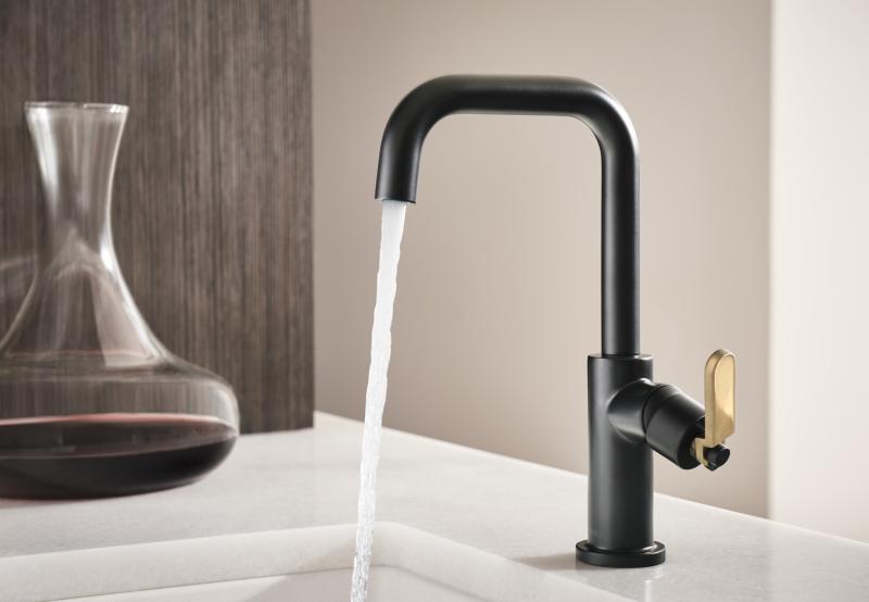 BRIZO Litze Bar Faucet with Square Spout and Industrial Handle Kit — Matte Black/Luxe Gold