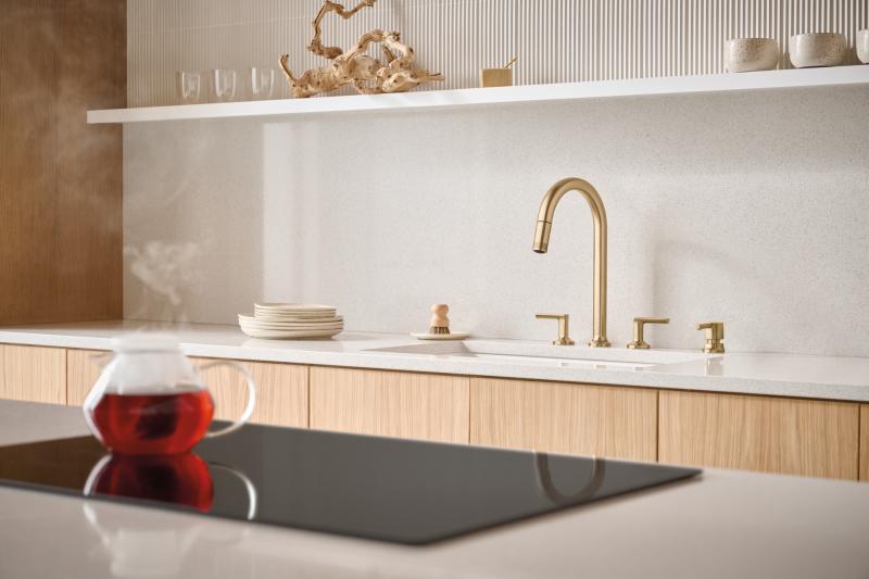 BRIZO Kintsu Widespread Pull-Down Faucet with Arc Spout - Less Handles — Lumicoat® Luxe Gold